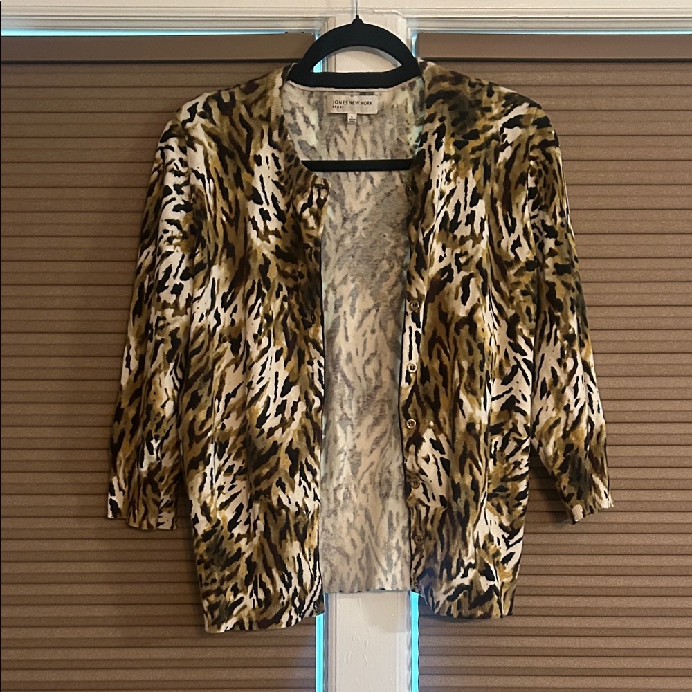 Jones New York Olive, Black & Cream Animal-Print Cardigan
